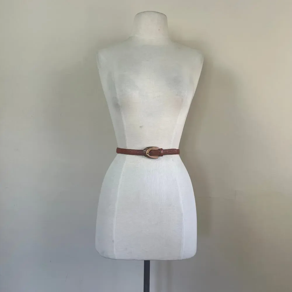 Leather Belt Vintage Brown Unique Raw Wooden Buckle thin 70s Cottage Core Sz 30